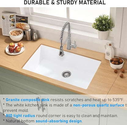 33 Inch White Undermount Kitchen Sink, 33x19 Inch Granite Composite Kitchen Sink Undermount Quartz Single Bowl Dual Mount Deep Basin with Countertop Squeegee Brush Combo