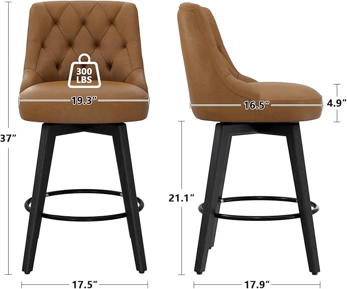 Vipbear Swivel Bar Stools Set of 2, Updated Thickened Faux Leather Counter Height Barstools with Backs, Solid Wood Legs, 26" Modern Bar Height Stools for Kitchen Island, Dining Room, Brown Seat
