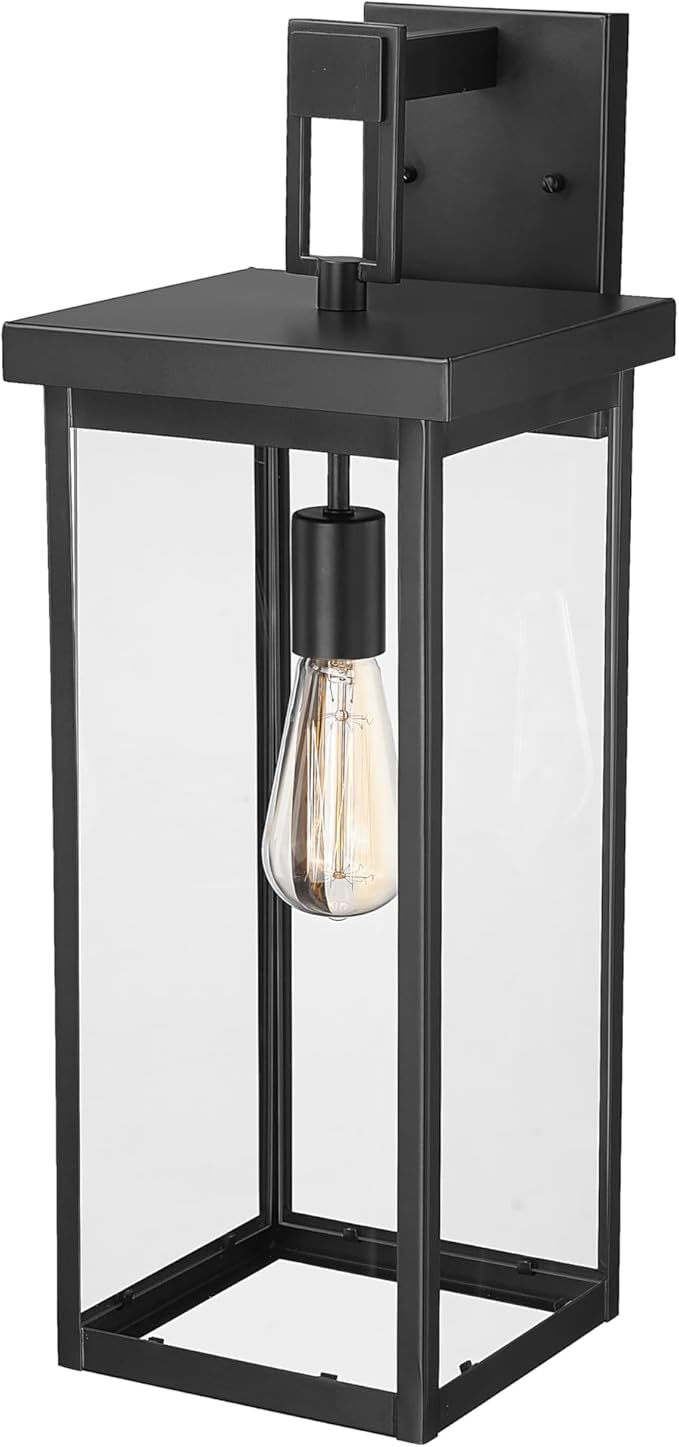 ML Lighting | Barkeley Collection | 42602-PBK | 22" Modern One Bulb Outdoor Steel Medium Wall Sconce | Anti-Rust Powder Coat Black with Clear Glass Shade | Exterior Ambient Light for Safety