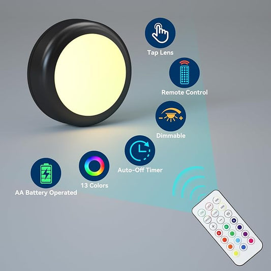 LED Puck Lights with Remote, 13-Color Under Cabinet Lighting Wireless, Battery Operated Stick-On Lights, Dimmable Push Light for Closet/Shelf/Wall (Black-3 Pack)