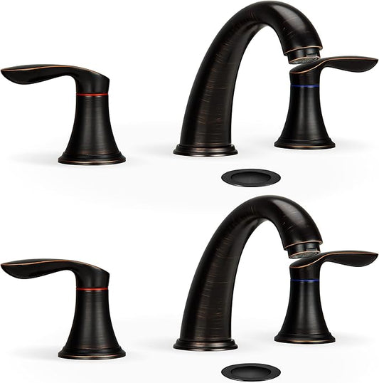 Bathroom Sink Faucet, Faucet for Bathroom Sink, Widespread ORB Bathroom Faucet 3 Hole with Stainless Steel Pop Up Drain and cUPC Lead-Free Hose-(Oil Rubbed Bronze 2 Packs)