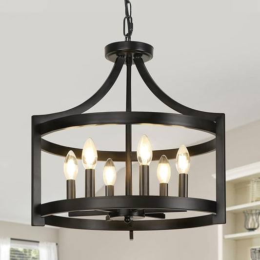 LynPon 6 Lights Large Modern Farmhouse Chandelier, 19" Convertible Semi Flush Mount Ceiling Light Fixture Hanging Light Rustic Round Cage Black Chandelier for Foyer Dining Room Kitchen Entryway