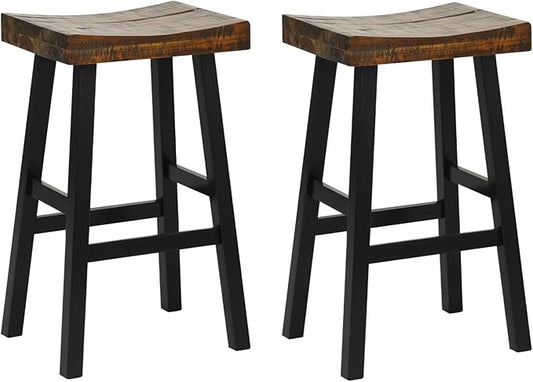 ERGOMASTER Wooden Backless Saddle Barstools Set of 2, 29-inch Bar Height Rustic Bar Stools with Rubber Wood Frame & Footrest for Kitchen Island, Dining Room, Pub