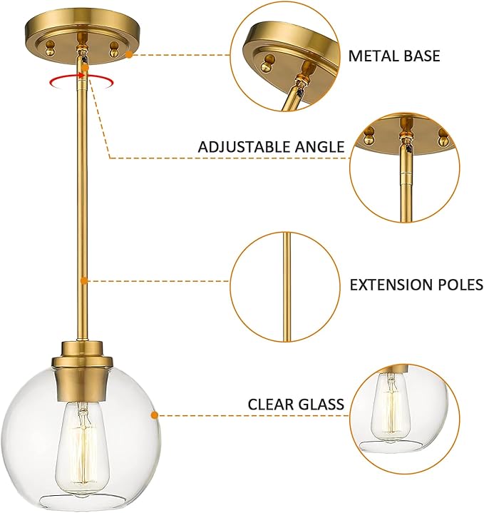 Gold Pendant Light, 7 Inch Clear Glass Farmhouse Hanging Fixture, Adjustable Height & Sloped Ceiling Compatible for Kitchen Island Dining Room Entryway Bedroom Hallway, 2 Pack
