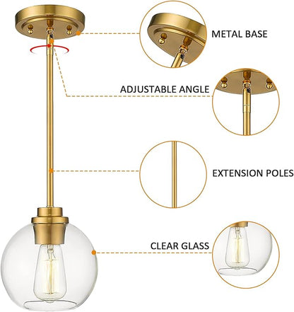 Gold Pendant Light, 7 Inch Clear Glass Farmhouse Hanging Fixture, Adjustable Height & Sloped Ceiling Compatible for Kitchen Island Dining Room Entryway Bedroom Hallway, 2 Pack