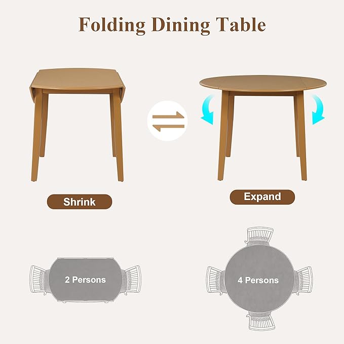 3-Piece Drop Leaf Round Dining Table Set for 2, Farmhouse Kitchen Table Set with Extendable Round Table and 2 Upholstered Chairs. Wood Table and Chairs Set for Dining Room, Living Room, Light Brown