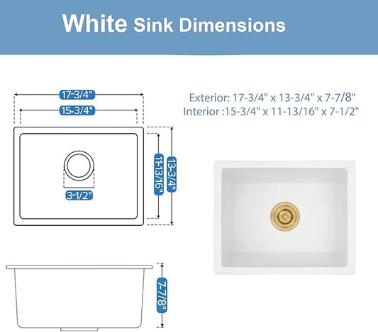 White Bar Sink 18 x 14 Inch, White Granite Composite Undermount Kitchen Sinks, 18 Inch Quartz Stone Kitchen Sink With Gold Sink Drain Assembly and Gold Sink Bottom Grid