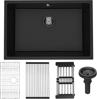 27-inch Granite Composite Kitchen Sink, GABETLET Undermount Quartz Kitchen Sinks with Spacious Workspace and Easy Cleaning, Black Single Bowl Deep Sink with Complete Accessories