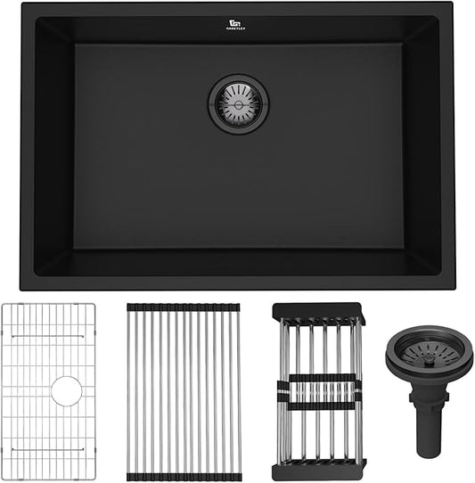 27-inch Granite Composite Kitchen Sink, GABETLET Undermount Quartz Kitchen Sinks with Spacious Workspace and Easy Cleaning, Black Single Bowl Deep Sink with Complete Accessories