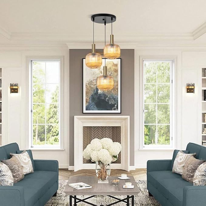 3-Light Cluster Pendant Lights Glass Globe Chandelier Amber Adjustable Hanging Ceiling Lighting Mid Century Modern Gold Pendant Lamps for Bedroom Dining Room Living Room