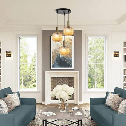 3-Light Cluster Pendant Lights Glass Globe Chandelier Amber Adjustable Hanging Ceiling Lighting Mid Century Modern Gold Pendant Lamps for Bedroom Dining Room Living Room