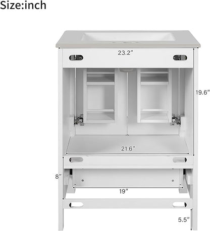 Favfurish 24" Modern Bathroom Vanity with Ceramic Sink, Freestanding Storage Cabinet w/2 Soft-Close Doors & 1 Drawer, Double-Layer Door Shelf, Solid Wood Frame for Small Bathrooms, Easy Assembly,White