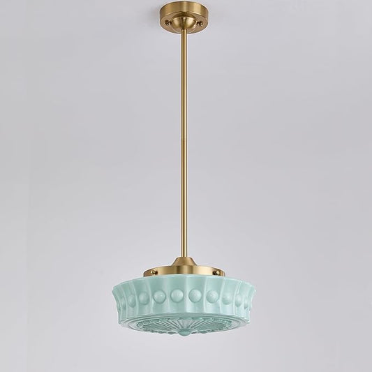 FCTWAKS Schoolhouse Pendant Fixtures, 14" Mid Century Modern Brass Gold Milk Green Glass Pendant Light, Adjustable Height, Vintage Ceiling Hanging Lighting for Dining Room,Hallway,Kitchen Island