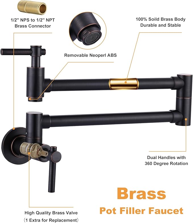 Pot Filler Faucet Wall Mount Brass Faucets Kitchen Double Handle Oil Rubbed Bronze Folding Kitchen Faucet Stretchable Double Joint Swing Arm Copper Single Hole Faucet
