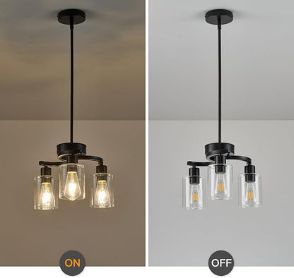 3 Lights Farmhouse Black Chandeliers Adjustable Height Hanging Modern Industrial Ceiling Pendant Lights for Kitchen Island Living Room Foyer Entry Bedroom Staircase