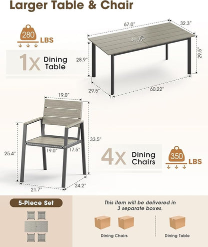 Outdoor Dining Set for 4, Aluminum Patio HDPS Outdooor Table and Chairs Set with Umbrella Hole, All Weather Patio Furniture Set, 5 Peice Patio Dining Table Set (Classic Gray)