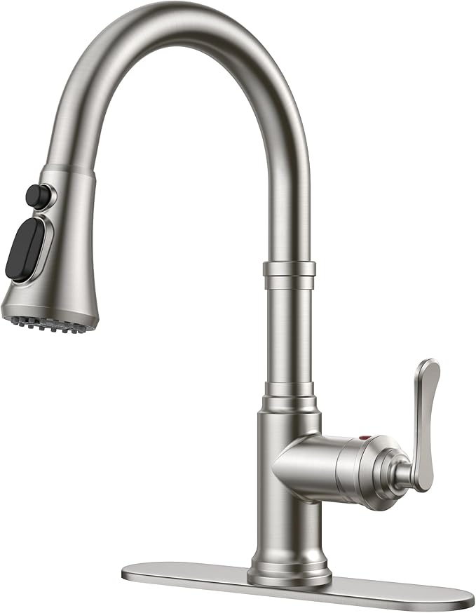 FORIOUS Antique Kitchen Faucets with Pull Down Sprayer Brushed Nickel, 3 in 1 Stainless Steel High Arc Single Handle Sink Faucet for Farmhouse Camper Rv Bar, Fit for 1 or 3 Hole