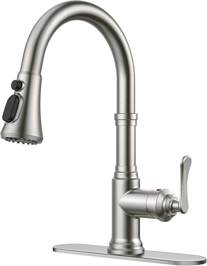 FORIOUS Antique Kitchen Faucets with Pull Down Sprayer Brushed Nickel, 3 in 1 Stainless Steel High Arc Single Handle Sink Faucet for Farmhouse Camper Rv Bar, Fit for 1 or 3 Hole