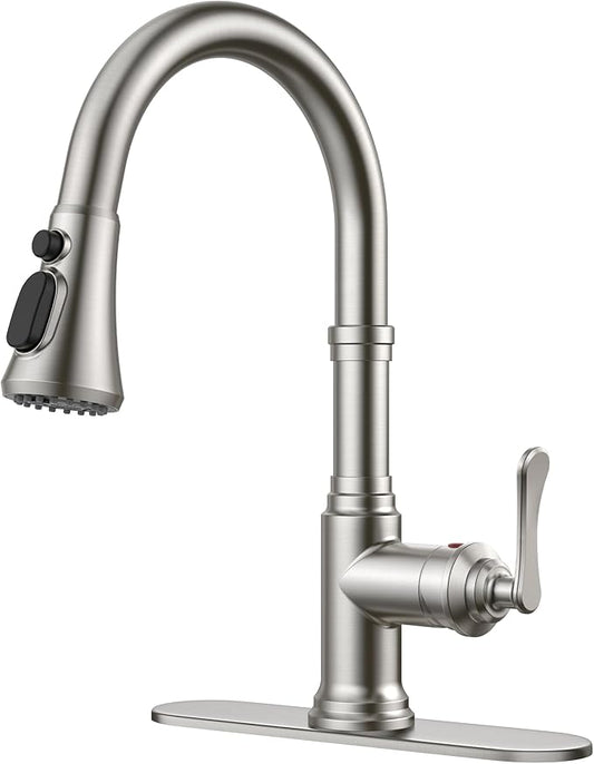 FORIOUS Antique Kitchen Faucets with Pull Down Sprayer Brushed Nickel, 3 in 1 Stainless Steel High Arc Single Handle Sink Faucet for Farmhouse Camper Rv Bar, Fit for 1 or 3 Hole