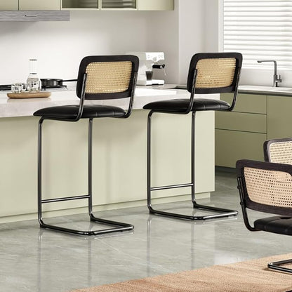 Counter Height Bar Stools Set of 2, Upholstered PU Leather Barstools with Rattan Back, for Kitchen Island, Black (Black + Metal + Rattan + Rattan+Metal + Modern)