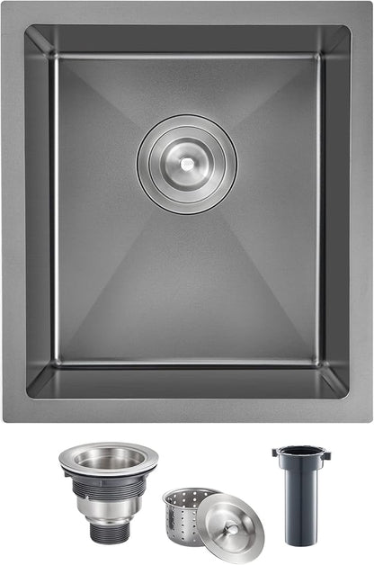 15 inch Bar Sink, KINKIB 15 x 17 inch Undermount Kitchen Bar Sink Single Bowl Black, Handmade T-304 Stainless Steel Bar Sink with Strainer