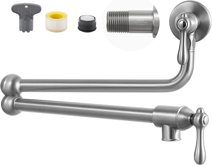 KES Upside Down Pot Filler Faucet with Heat-Resistant Cartridge, 26'' No Leak Over Stove Pot Filler Faucets Double Joints Swing Arm, No Lead, Wall Mount, 18/8 Stainless Steel, Brushed Nickel