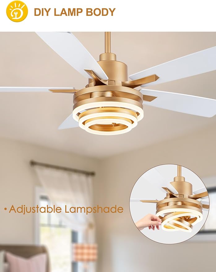 Dawn Whisper 52" White Ceiling Fan with Light Modern Chandelier Fan DC Motor Dimmable LED Ceiling Fan with Light for Bedroom Living Room