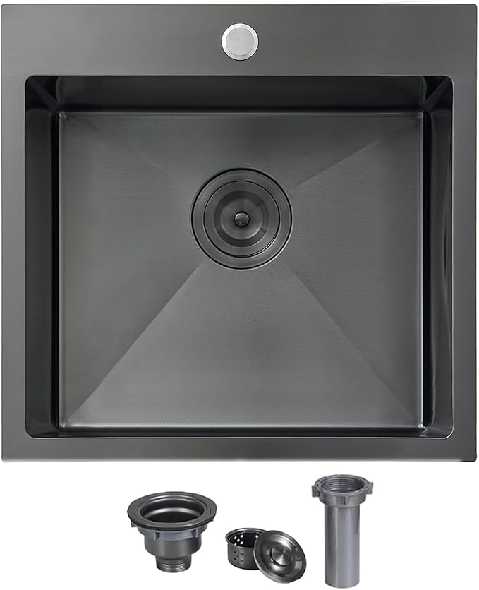 VCCUCINE 18x18 Inch Gunmetal Black Bar Sink Drop in,18 Inch Topmount RV Small Kitchen Sink, Handmade Stainless Steel Wet Bar Sink, Outdoor Single Bowl Prep Sink with Drain