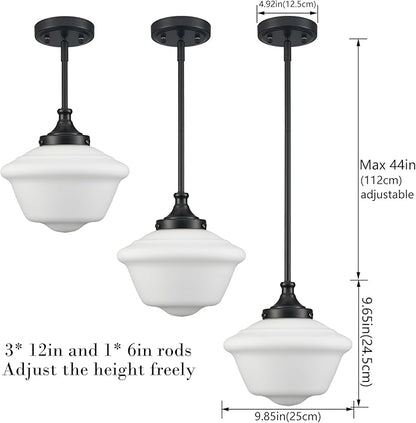 SAMTEEN 10-Inch Black Schoolhouse Pendant Light with White Glass Shade Schoolhouse Light Fixture Adjustable Height Modern Schoolhouse Pendant Lighting for Kitchen Island Dining Room Living Room
