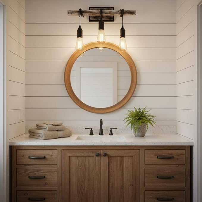 3 Lights Vintage Wall Sconce, Farmhouse Industrial Bare Bulb Wire Wrapped Wood Beam Linear Bathroom Vanity Light