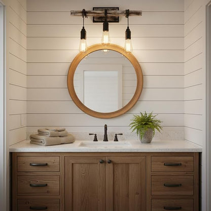3 Lights Vintage Wall Sconce, Farmhouse Industrial Bare Bulb Wire Wrapped Wood Beam Linear Bathroom Vanity Light