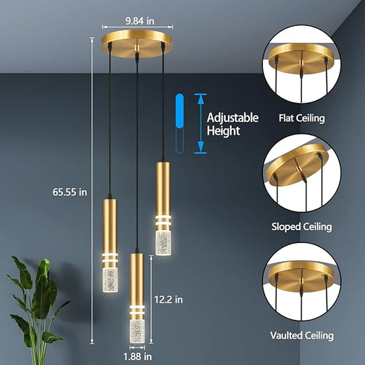 Pendant Lights Kitchen Island, Crystal Pendant Light Fixtures Mini 18W LED Modern Kitchen Pendant Lighting Over Sink and Living Room and Bedroom (Gold 3 Light)