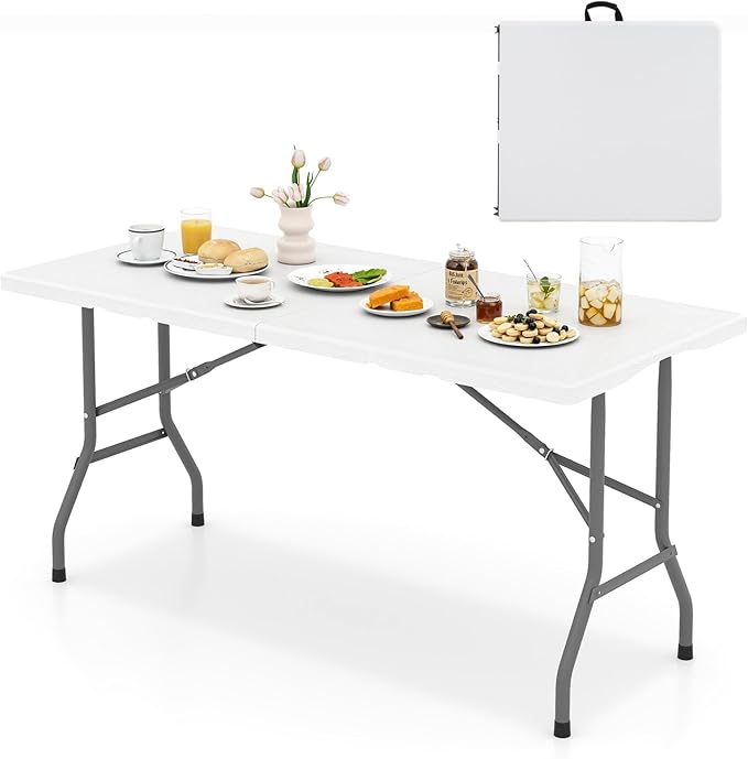 Goplus 5ft Folding Table, Indoor Outdoor Foldable Plastic Folding Tables, Heavy-Duty Rectangular Fold Up Table w/Handle, Portable Utility Card Table for Picnic, Party, Dining, Camping, Beach, White