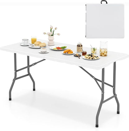 Goplus 5ft Folding Table, Indoor Outdoor Foldable Plastic Folding Tables, Heavy-Duty Rectangular Fold Up Table w/Handle, Portable Utility Card Table for Picnic, Party, Dining, Camping, Beach, White
