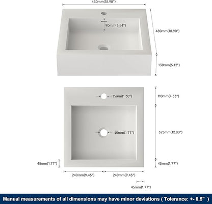 Small Vessel Sink, 19" x 19" Wall Mount Bathroom Sink, Stone Resin Floating Sinks with Overflow, Square Solid Surface Floating Vessel Sinks, White