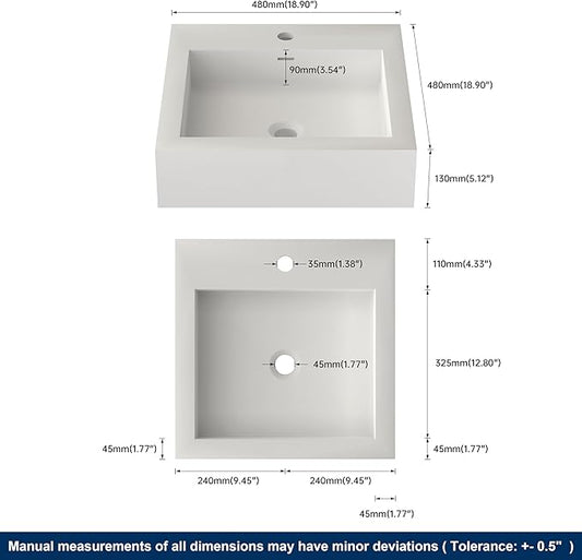 Small Vessel Sink, 19" x 19" Wall Mount Bathroom Sink, Stone Resin Floating Sinks with Overflow, Square Solid Surface Floating Vessel Sinks, White