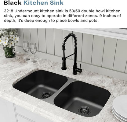 LQS 32 Inch Black Kitchen Sink, Double Bowl Kitchen Sink, Undermount Kitchen Sink Stainless Steel, Black Oval Kitchen Sink with Sleek Roun Corner for Easy Cleaning and Two Sink Strainers