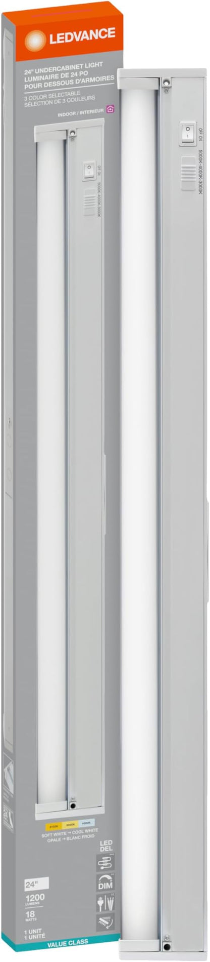 LEDVANCE 24" LED Undercabint Light, 18W, 3 CCT Select 2700/3000/4000K, 80 CRI, Linkable, 1200 LMS, Accessories Included - 1 Pack (62443)