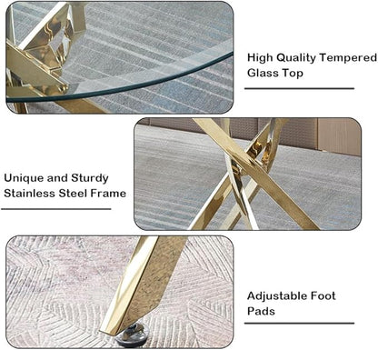 Modern Glass Dining Table Round Dining Room Table with Tempered Glass Top, Gold Stainless Steel Base Home Office Kitchen Dining Room Table Furniture, 36" D x 36" W x 30" H