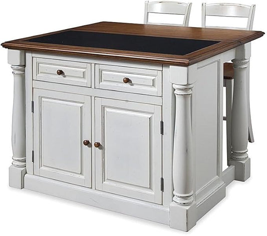 Home Styles Monarch White Kitchen Island with Granite Top, Breakfast Bar, Two Stools, Solid Oak Hardwood Top, Black Granite Inset, Two Drawers, and Four Adjustable Shelves
