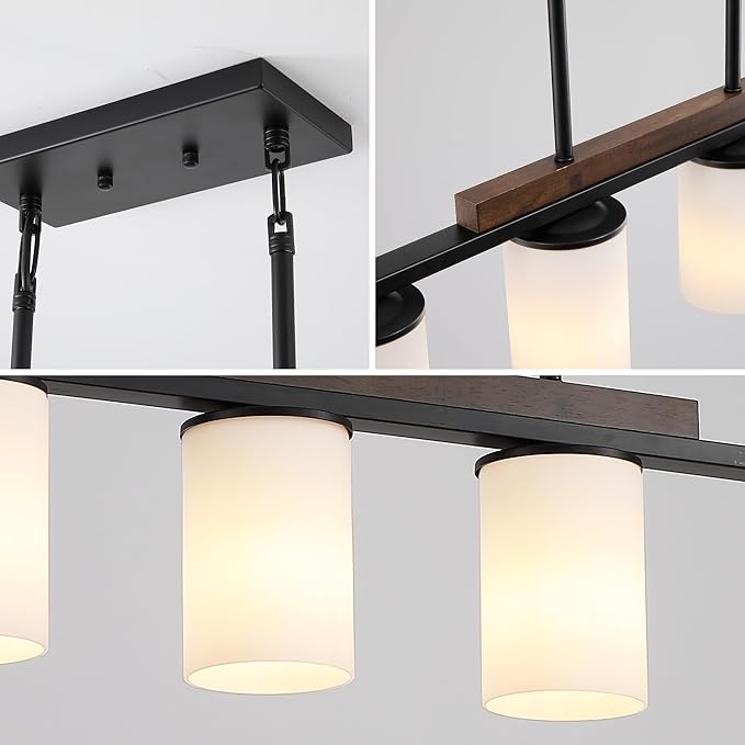 Mecgirn Farmhouse Dining Room Light Fixtures Over Table, Black Pendant Lights for Kitchen Island with Milk Glass Shade, 4 Light Linear Chandelier Lighting with Wood