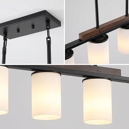 Mecgirn Farmhouse Dining Room Light Fixtures Over Table, Black Pendant Lights for Kitchen Island with Milk Glass Shade, 4 Light Linear Chandelier Lighting with Wood
