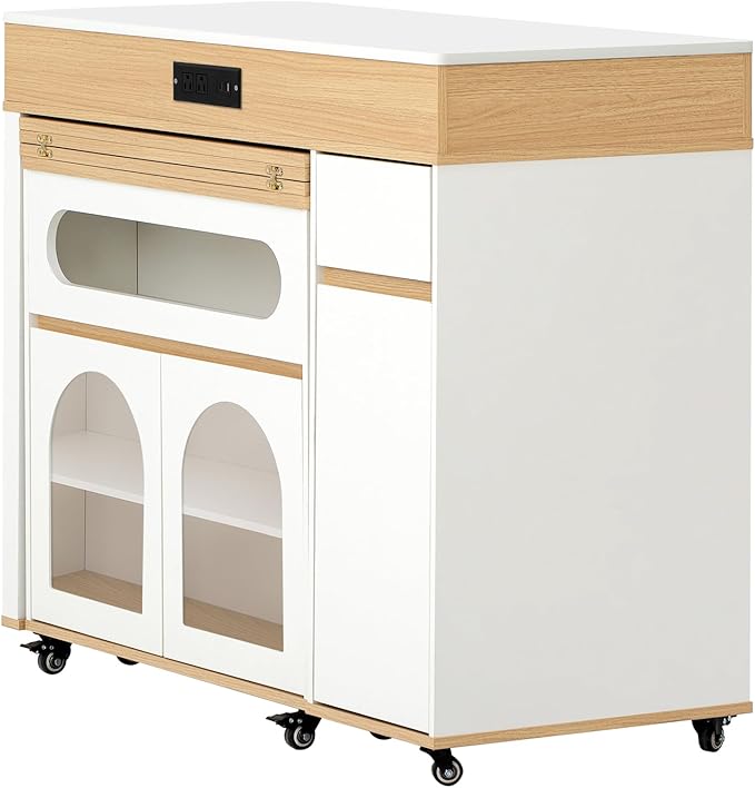 Merax Extendable Rolling Kitchen Island with Folding Table Top, Storage Cabinet with Drawers, Power Outlet & Locking Wheels for Kitchen, Dining Room, Small Space,White+Natural