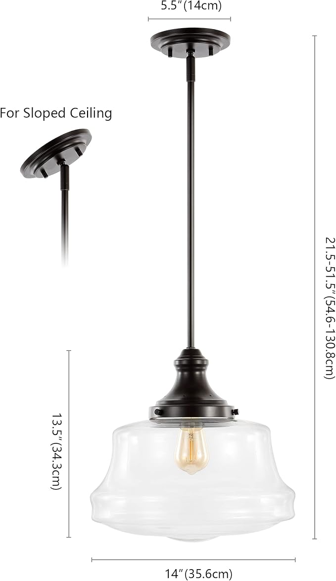 JONATHAN Y 14" Oil Rubbed Bronze 1-Light Iron and Glass Schoolhouse Pendant, Adjustable Height Bohemian Farmhouse Fixture for Kitchen Island Dining Room, LED Bulb Included JYL7585A