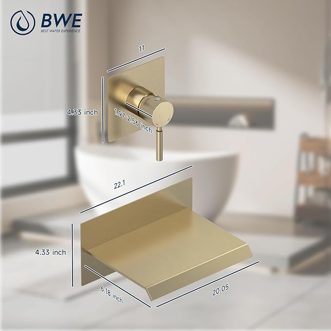 BWE Wall Mount Bathtub Faucet Brushed Gold Single Handle Modern Bathtub Faucet with Rough in Valve High Flow Filler Waterfall Tub Spout