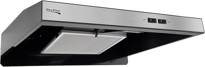 RecPro RV Range Hood with Charcoal Filter & LED Lamp | 12V DC Motor | 60W Energy Efficient | Built-in Charcoal Filter | Sleek Design | Hard-Wired Installation | 0.8A Fan Motor (Stainless Steel)