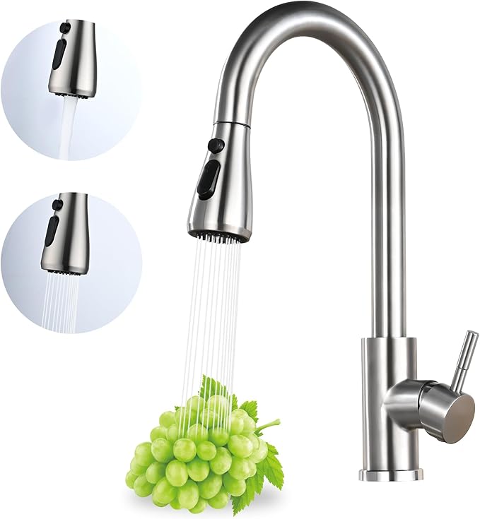 Kitchen Faucet with Pull Down Sprayer, High Arc Brushed Nickel Single Handle Kitchen Sink Faucet, Stainless Steel, 3 Mode(Stream/Spray/Pause), 360° Swivel, Grifos para Fregaderos de Cocina