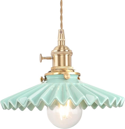 Shenmoyl Pendant Light with Green Pleated Ceramic Lmapshade, Brass Vintage Pendant Light Adjustable Hanging Light for Kitchen Island Dining Room Hallway