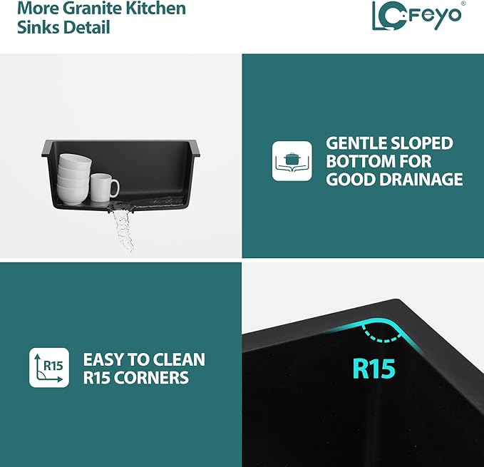 25x22 Inch Black Granite Composite Drop In Kitchen Sink Top mount Quartz Single Bowl Contemporary Kitchen Deep Sink Basin with Counter Ledge
