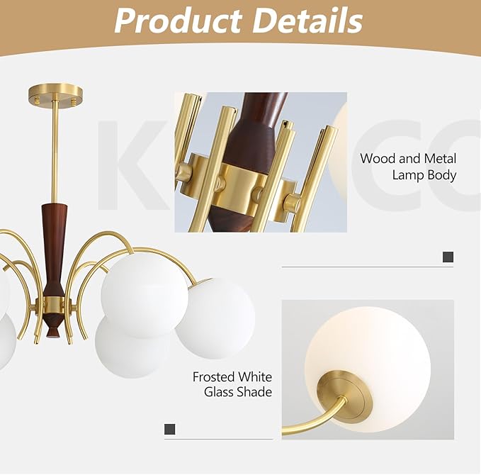 KCO Lighting 6 Light Gold Sputnik Light Fixture Vintage Brass Milk Glass Chandelier White Globe Pendant Lights Kitchen Island Modern Farmhouse Chandeliers for Dining Room